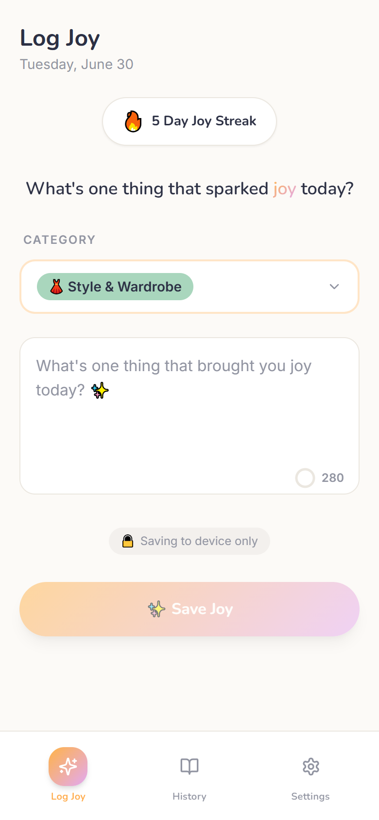 The Log Joy home screen